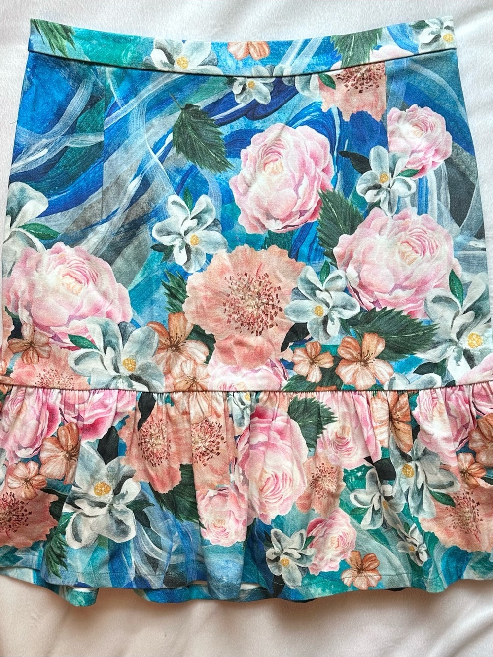 Isolda Saia Babado Flower Print Multicolored Flare Mini Skirt 6 blue pink